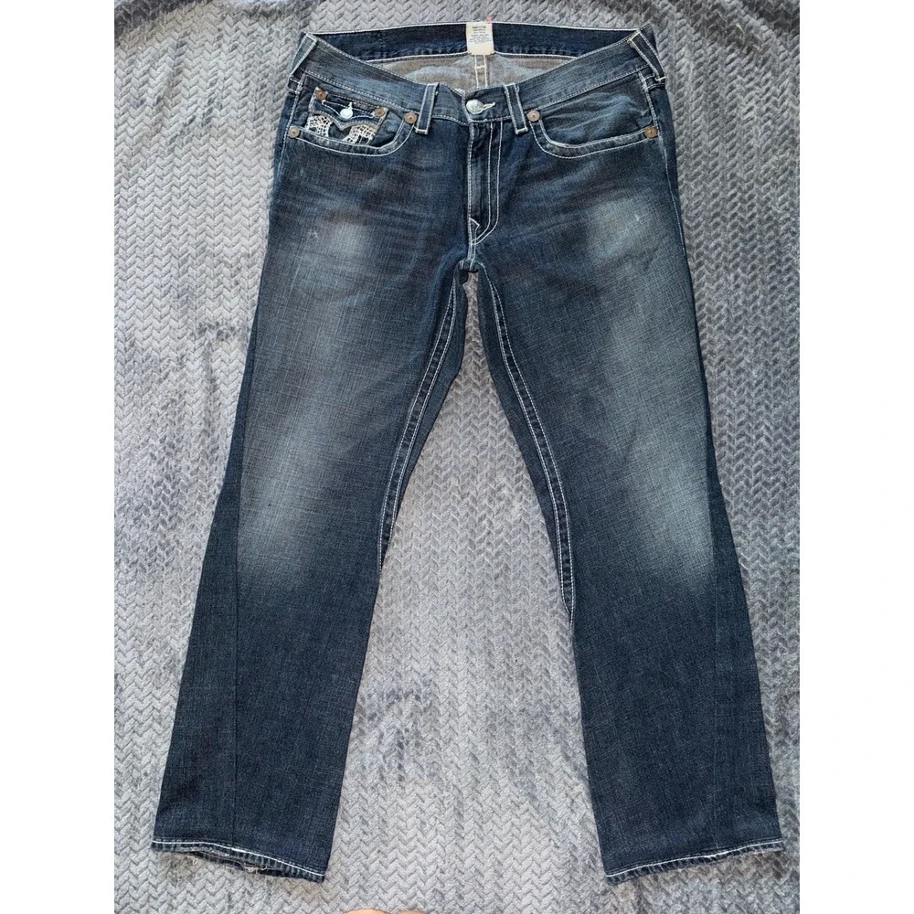 True Religion Mens Joey Dark Wash Straight Leg Jean Blue Denim Size 38